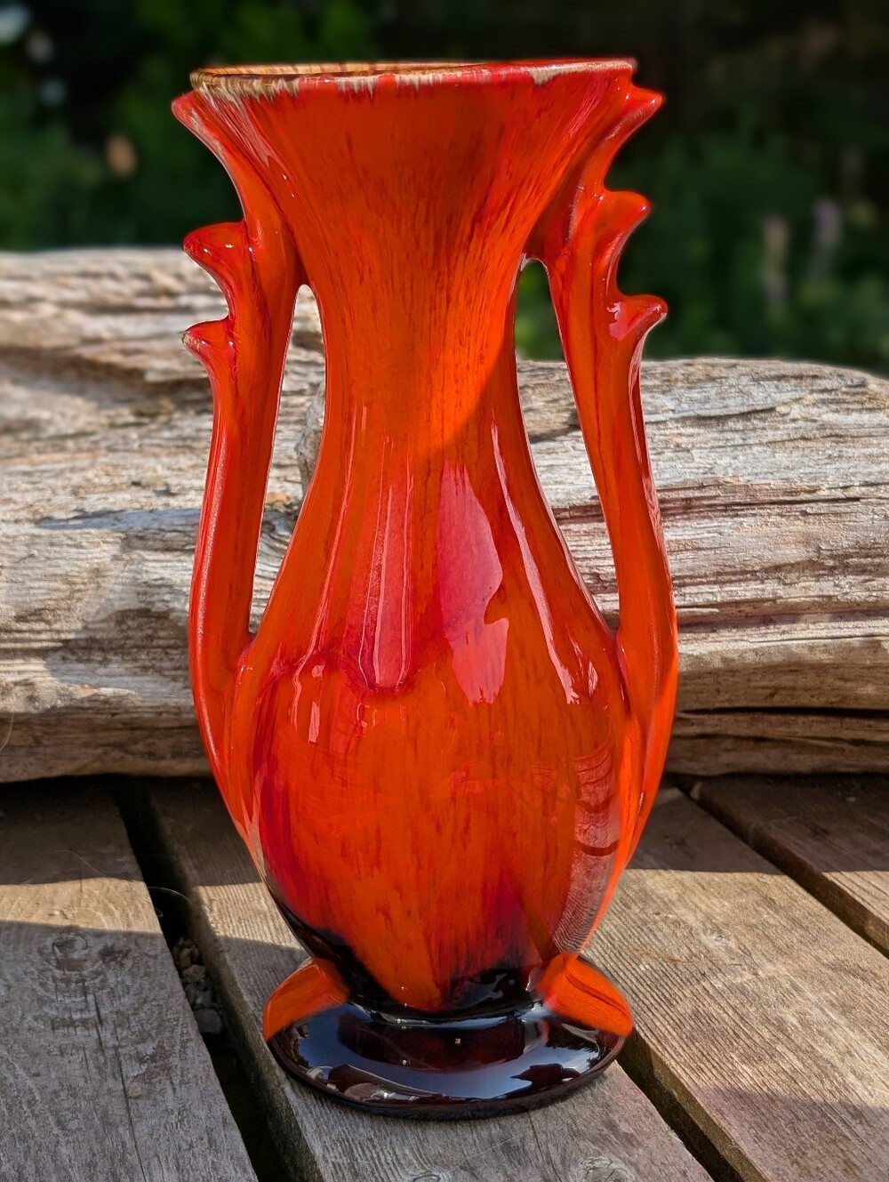 1970s Vintage MCM Seewai Art Pottery Orange Drip Glaze Vase
